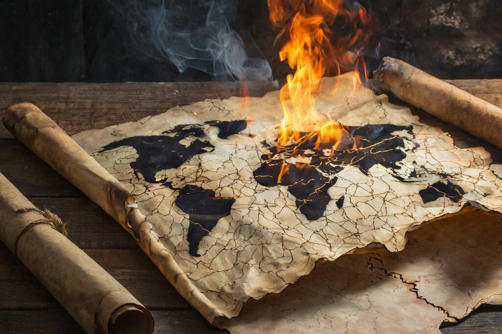 Burning parchment map of the world, on a wooden tabletop